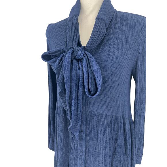 Sezane Selena Tie Neck Long Sleeve Navy Blue Tiered Dress - Picture 8 of 15